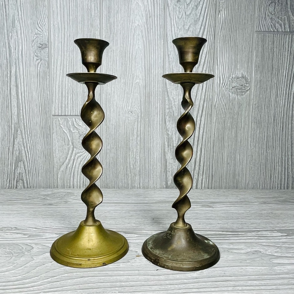 Vintage Set two brass gold tone candle sticks swirl twirl design mcm  decoration
